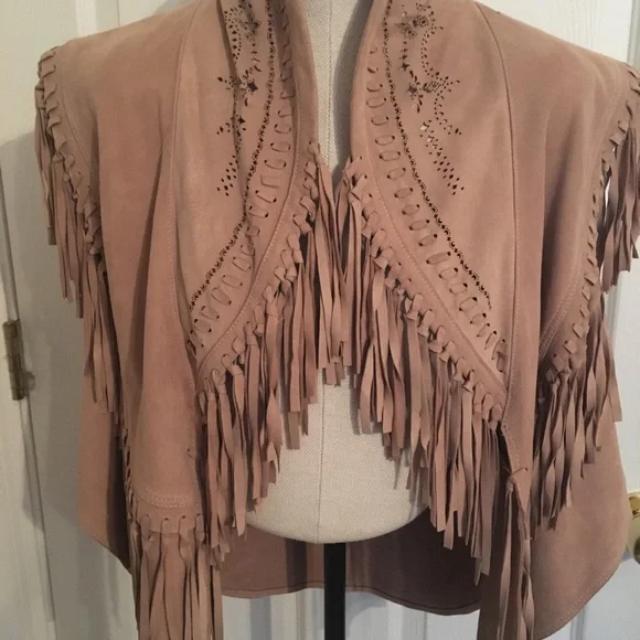 New Romantics/Free People Nude Pink Suede Leather Fringe Vest P/S - Picture 3 of 5